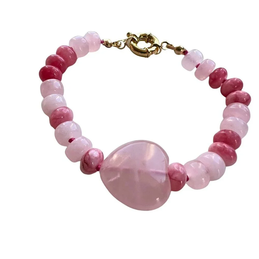Pink Jade  Rose Quartz Heart Gemstone Bracelet Handcrafted Gold Filled Clasp